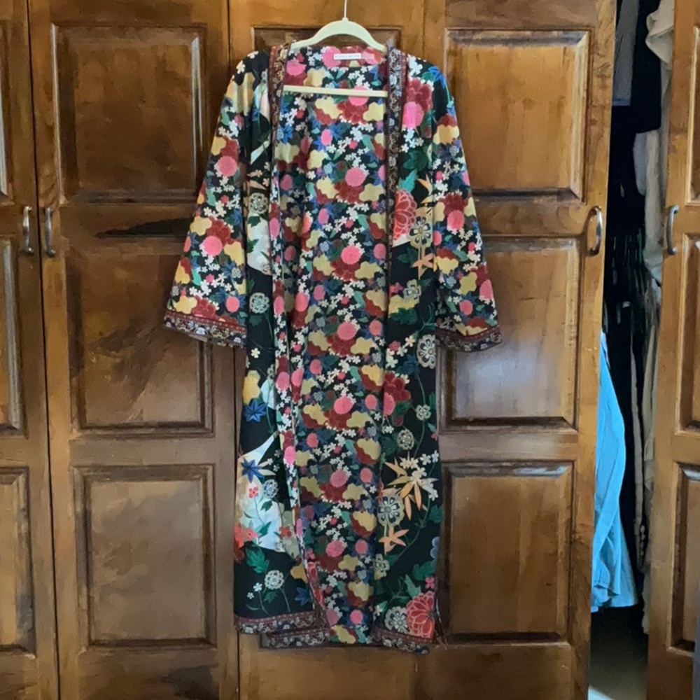 Alice + Olivia Black Floral Kimono Duster with Pink Blooms
